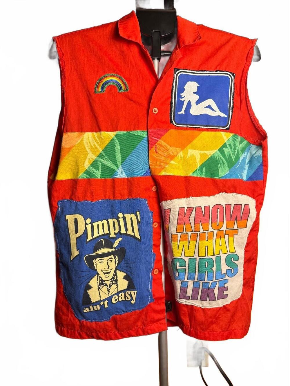 Vintage Red Sleeveless Patchwork button up Vest rainbow pride sz M custom
